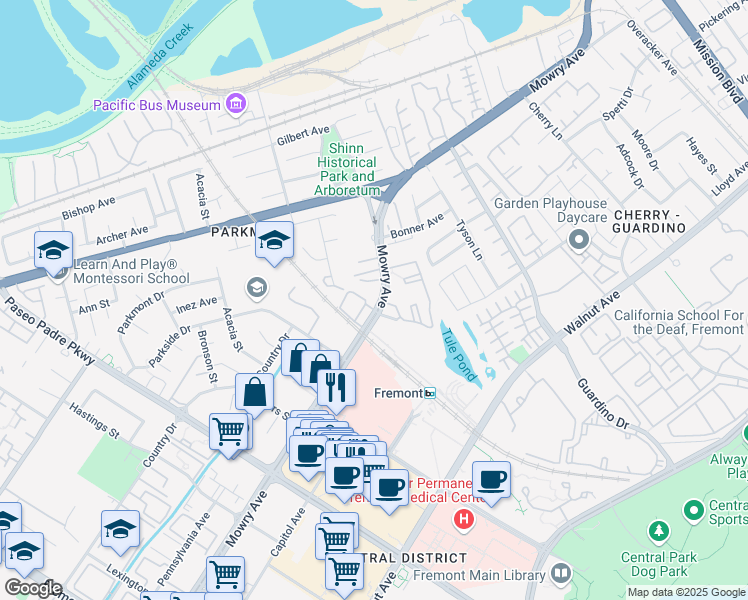 map of restaurants, bars, coffee shops, grocery stores, and more near 38626 Vancouver Common in Fremont