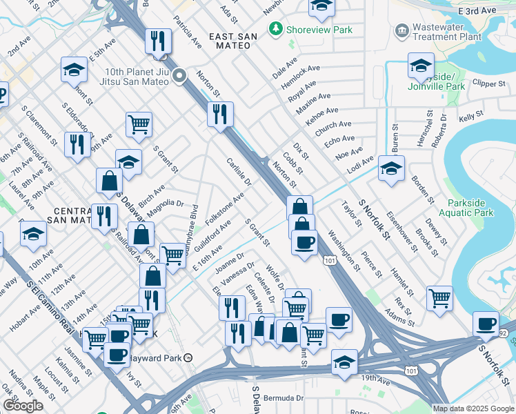 map of restaurants, bars, coffee shops, grocery stores, and more near 903 East 16th Avenue in San Mateo