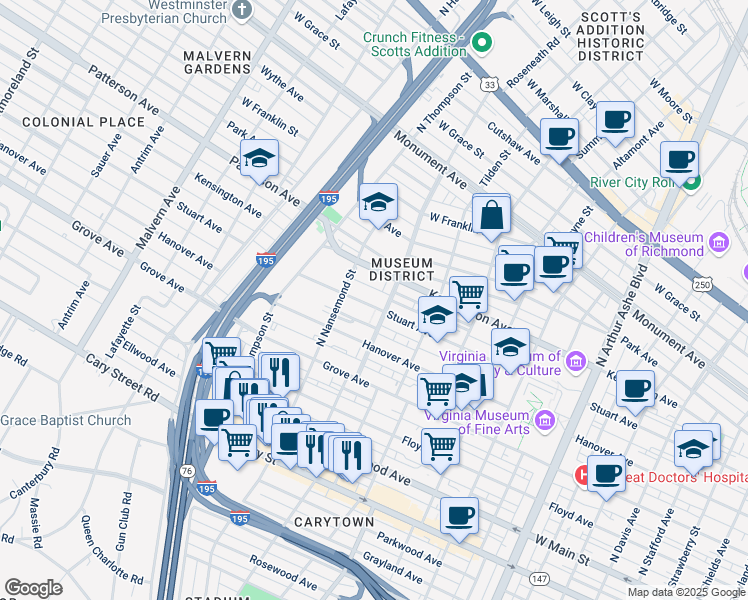 map of restaurants, bars, coffee shops, grocery stores, and more near 3410 Stuart Avenue in Richmond