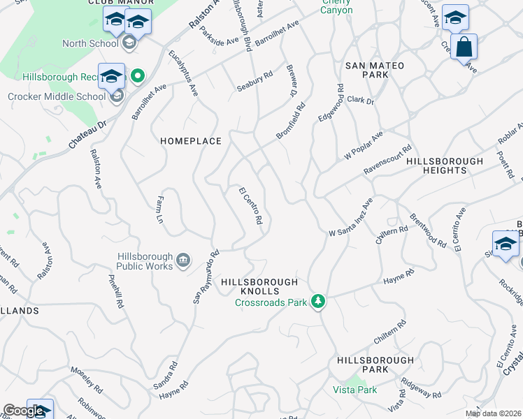 map of restaurants, bars, coffee shops, grocery stores, and more near 423 El Centro Road in Hillsborough