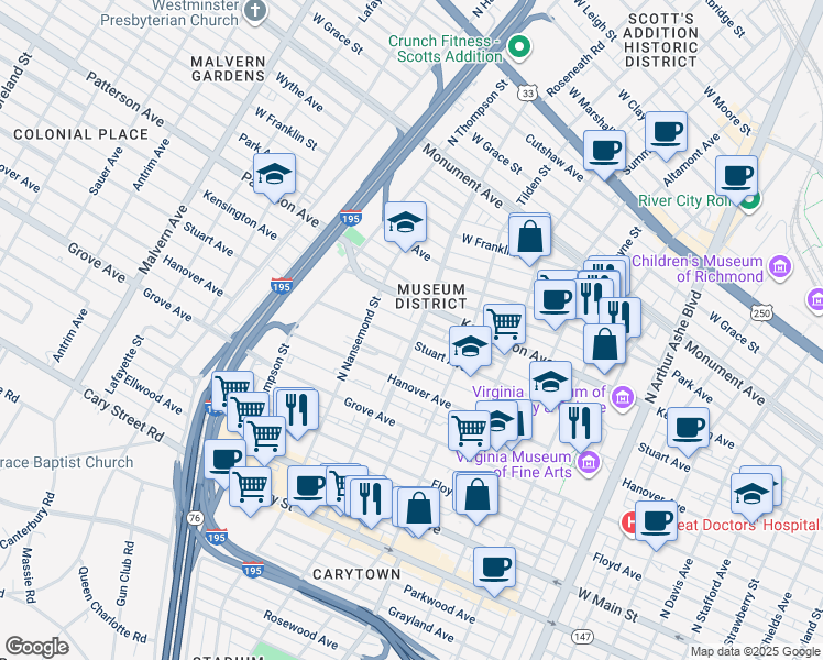 map of restaurants, bars, coffee shops, grocery stores, and more near 416 Roseneath Road in Richmond