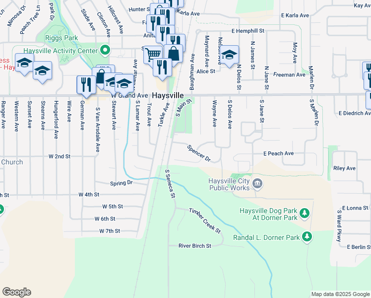 map of restaurants, bars, coffee shops, grocery stores, and more near 302 Waggoner Lane in Haysville
