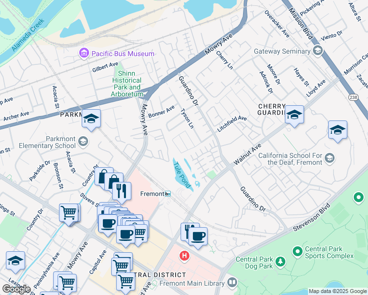 map of restaurants, bars, coffee shops, grocery stores, and more near 38853 Bluegill Street in Fremont