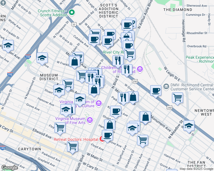 map of restaurants, bars, coffee shops, grocery stores, and more near 2805 Monument Avenue in Richmond