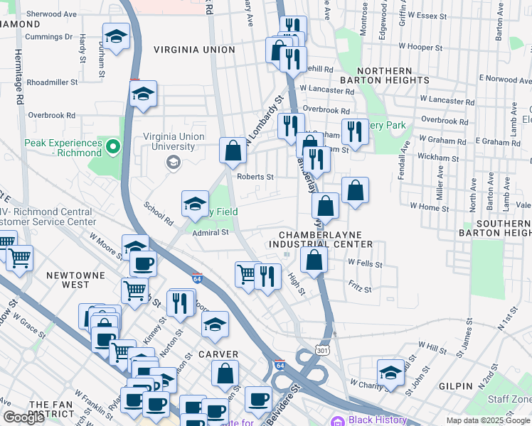 map of restaurants, bars, coffee shops, grocery stores, and more near in Richmond