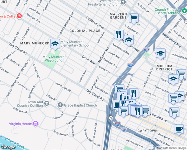 map of restaurants, bars, coffee shops, grocery stores, and more near 41 1/2 Malvern Avenue in Richmond