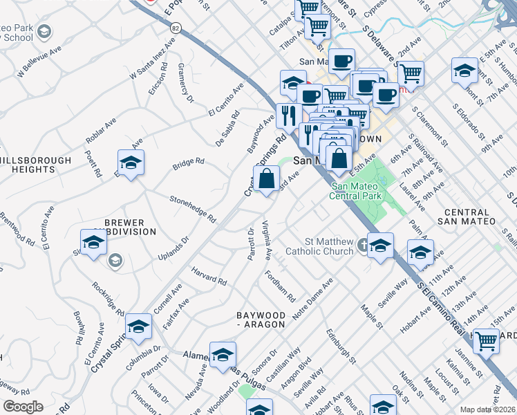 map of restaurants, bars, coffee shops, grocery stores, and more near 221 Parrott Drive in San Mateo