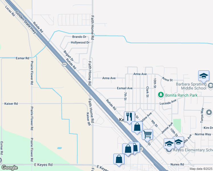 map of restaurants, bars, coffee shops, grocery stores, and more near 4112 Esmail Avenue in Keyes