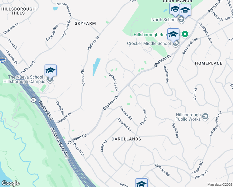 map of restaurants, bars, coffee shops, grocery stores, and more near 748 Jacaranda Circle in Hillsborough