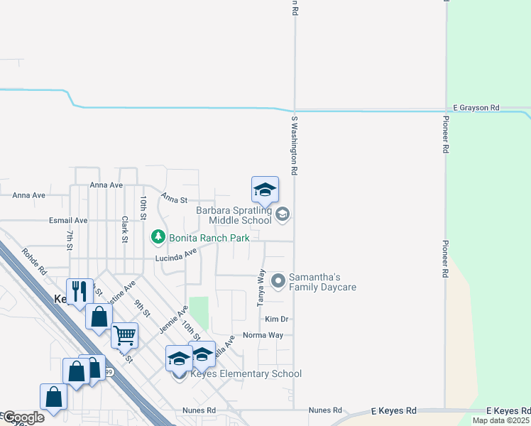 map of restaurants, bars, coffee shops, grocery stores, and more near 5277 Washington Road in Hughson