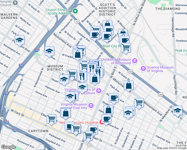 map of restaurants, bars, coffee shops, grocery stores, and more near 516 North Sheppard Street in Richmond