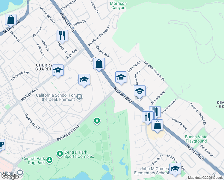 map of restaurants, bars, coffee shops, grocery stores, and more near 39488 Stevenson Place in Fremont