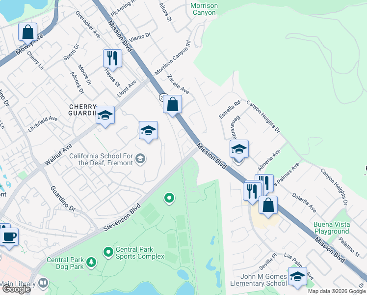 map of restaurants, bars, coffee shops, grocery stores, and more near 173 Stevenson Boulevard in Fremont