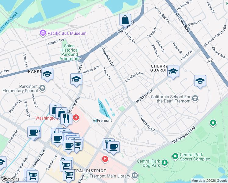 map of restaurants, bars, coffee shops, grocery stores, and more near 38883 Bass Common in Fremont