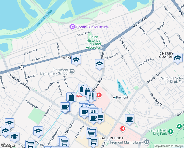 map of restaurants, bars, coffee shops, grocery stores, and more near 1755 Vancouver Green in Fremont