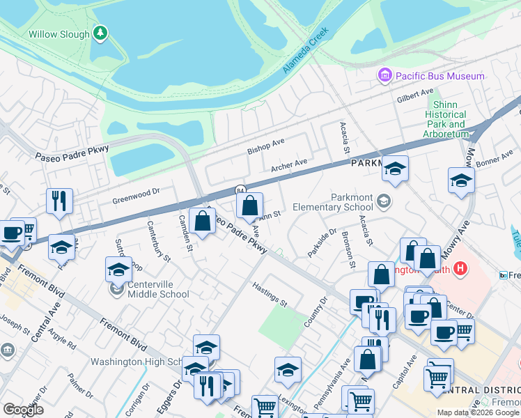 map of restaurants, bars, coffee shops, grocery stores, and more near 38149 Martha Avenue in Fremont