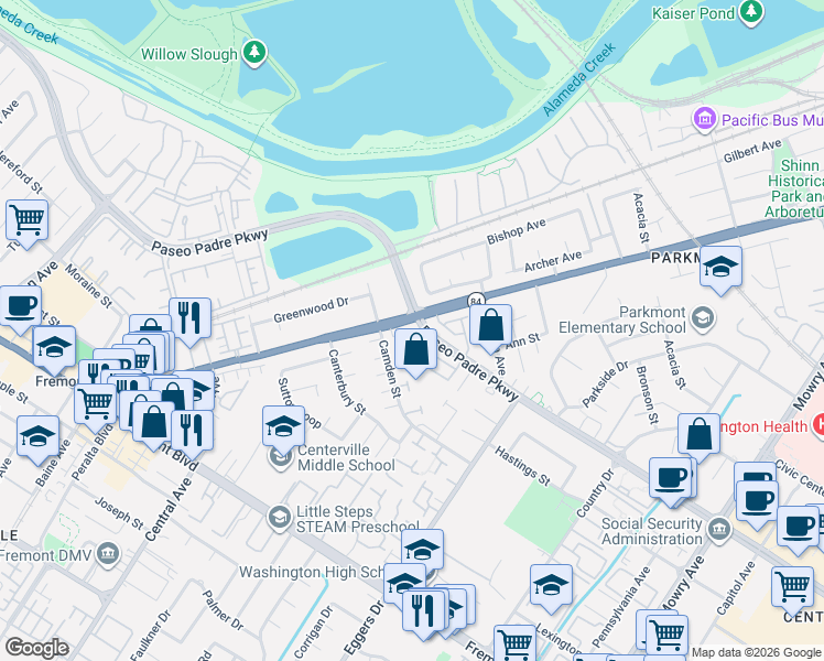 map of restaurants, bars, coffee shops, grocery stores, and more near 37901 Bright Common in Fremont