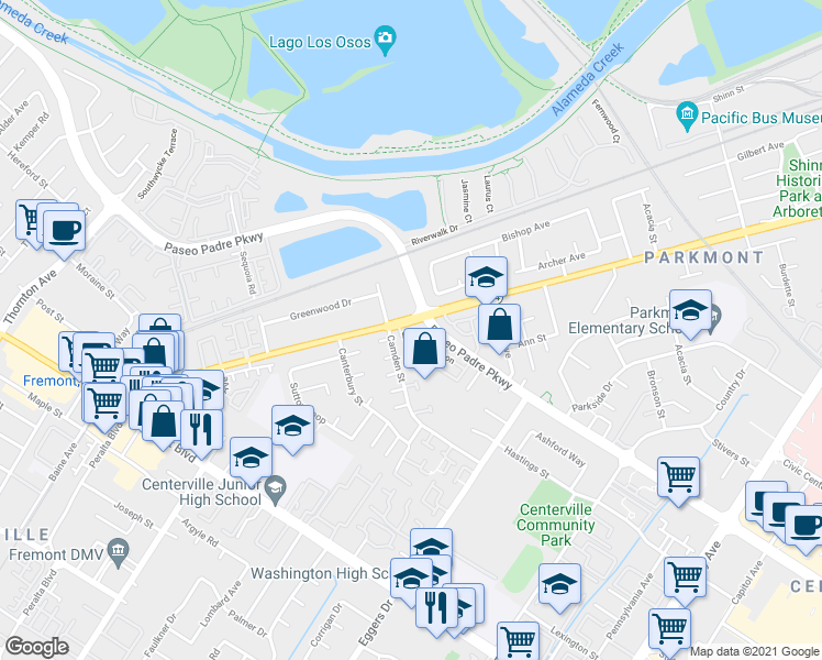 map of restaurants, bars, coffee shops, grocery stores, and more near 37901 Bright Common in Fremont