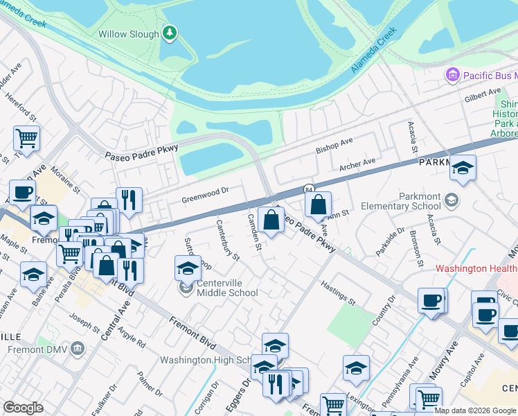 map of restaurants, bars, coffee shops, grocery stores, and more near 3151 Galahad Court in Fremont