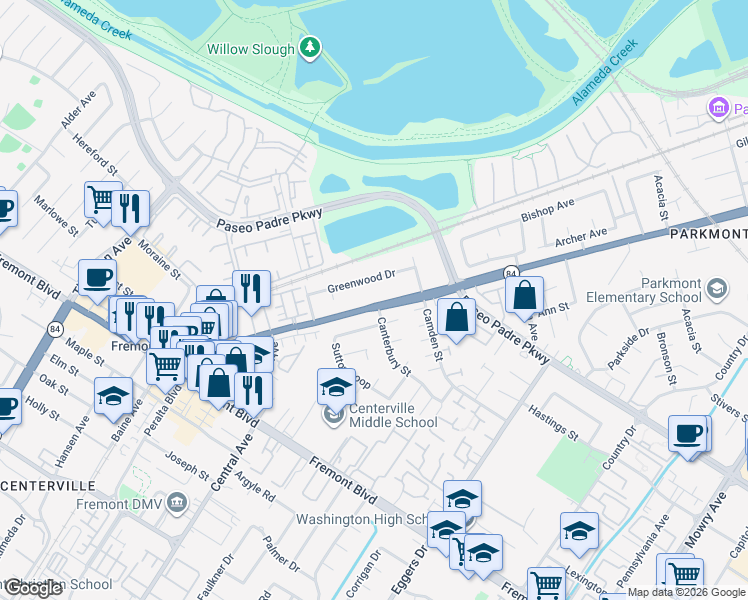 map of restaurants, bars, coffee shops, grocery stores, and more near 37604 Canterbury Street in Fremont