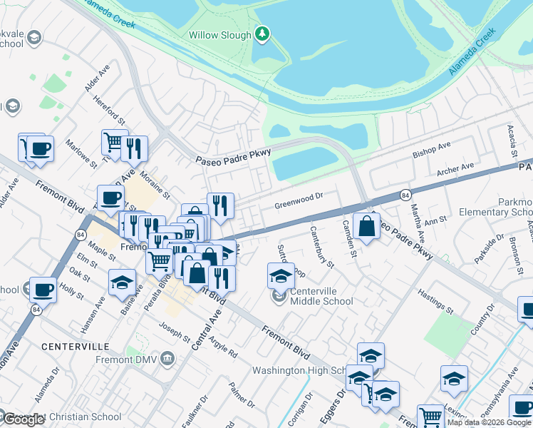 map of restaurants, bars, coffee shops, grocery stores, and more near 3467 California 84 in Fremont