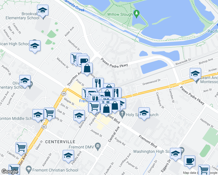 map of restaurants, bars, coffee shops, grocery stores, and more near 3769 Peralta Boulevard in Fremont