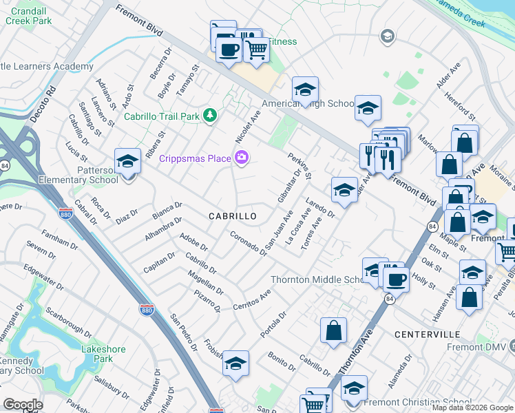 map of restaurants, bars, coffee shops, grocery stores, and more near 4347 Gibraltar Drive in Fremont