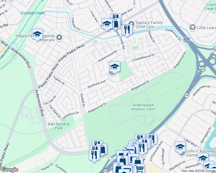 map of restaurants, bars, coffee shops, grocery stores, and more near 5438 Quebec Common in Fremont