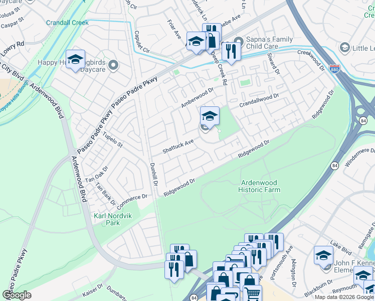 map of restaurants, bars, coffee shops, grocery stores, and more near 5438 Quebec Common in Fremont
