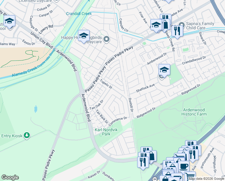 map of restaurants, bars, coffee shops, grocery stores, and more near 34322 Eucalyptus Terrace in Fremont