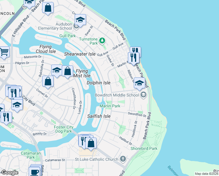 map of restaurants, bars, coffee shops, grocery stores, and more near 1300 Tarpon Street in Foster City
