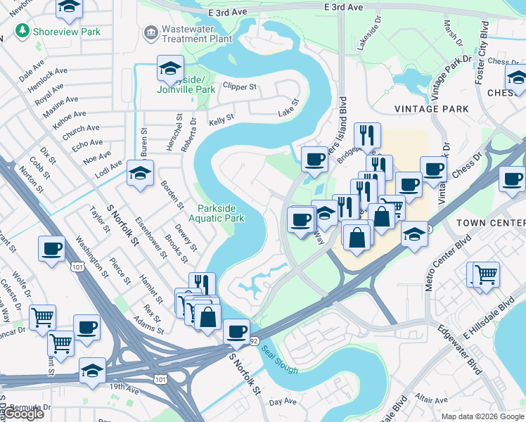 map of restaurants, bars, coffee shops, grocery stores, and more near 834 Wharfside Road in San Mateo