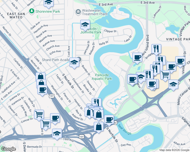 map of restaurants, bars, coffee shops, grocery stores, and more near 1740 Borden Street in San Mateo