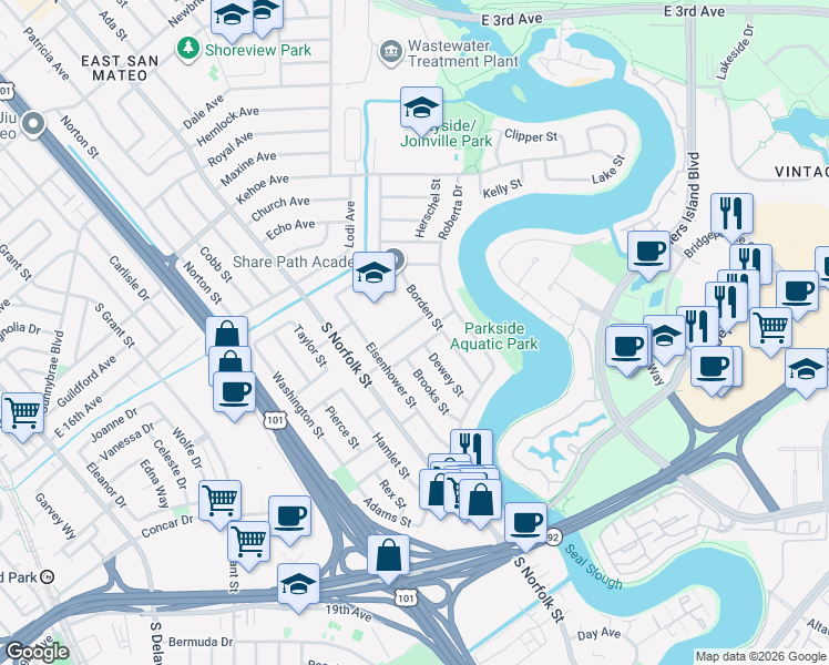 map of restaurants, bars, coffee shops, grocery stores, and more near 1710 Dewey Street in San Mateo