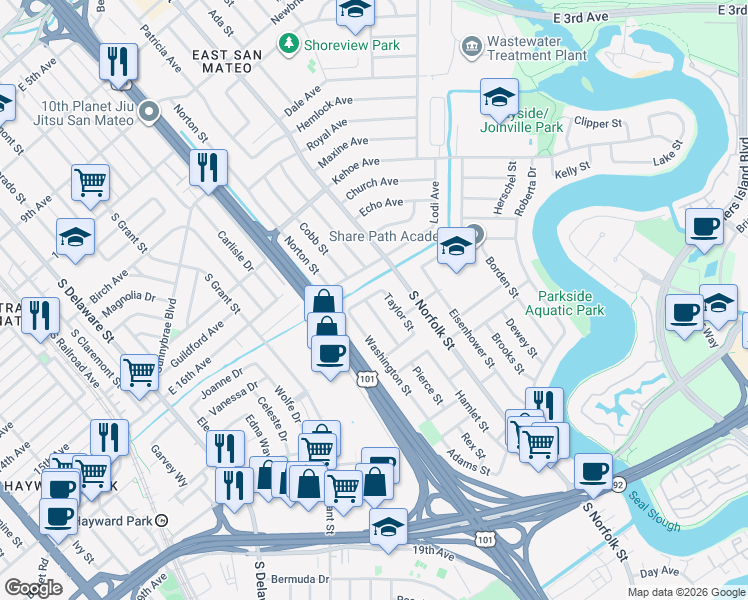 map of restaurants, bars, coffee shops, grocery stores, and more near 1663 Washington Street in San Mateo