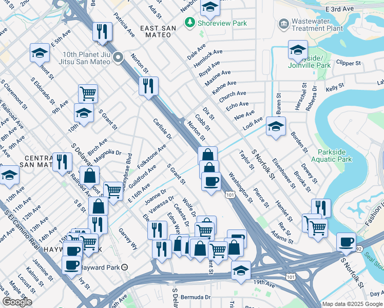 map of restaurants, bars, coffee shops, grocery stores, and more near 1010 Haddon Drive in San Mateo