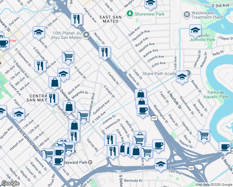 map of restaurants, bars, coffee shops, grocery stores, and more near 903 East 16th Avenue in San Mateo