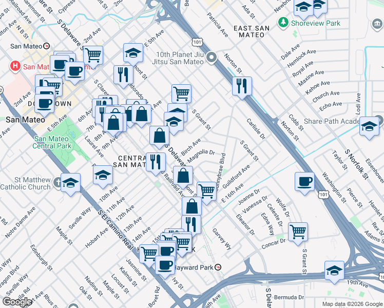 map of restaurants, bars, coffee shops, grocery stores, and more near 611 Harrow Avenue in San Mateo
