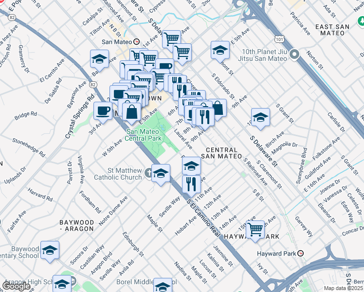 map of restaurants, bars, coffee shops, grocery stores, and more near in San Mateo