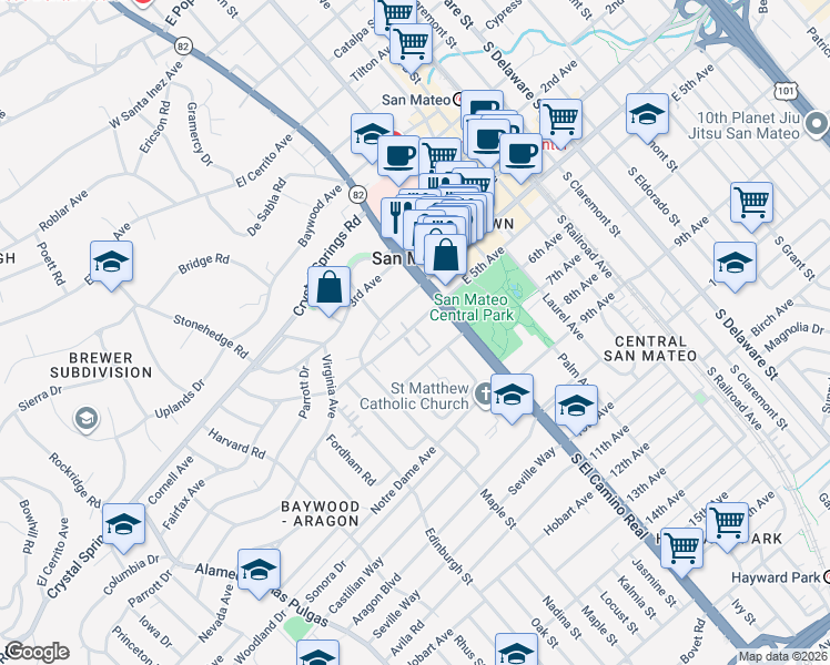 map of restaurants, bars, coffee shops, grocery stores, and more near 50 Mission Drive in San Mateo