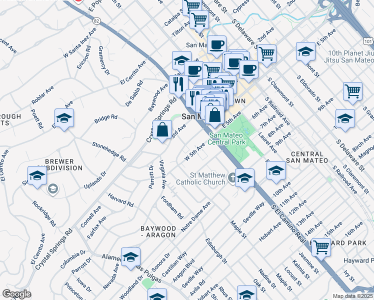 map of restaurants, bars, coffee shops, grocery stores, and more near 85 West 5th Avenue in San Mateo