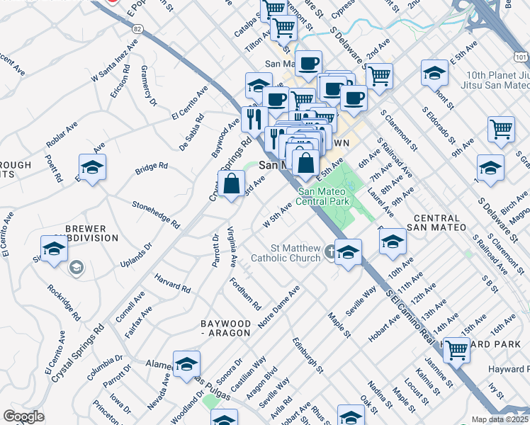 map of restaurants, bars, coffee shops, grocery stores, and more near 85 West 5th Avenue in San Mateo