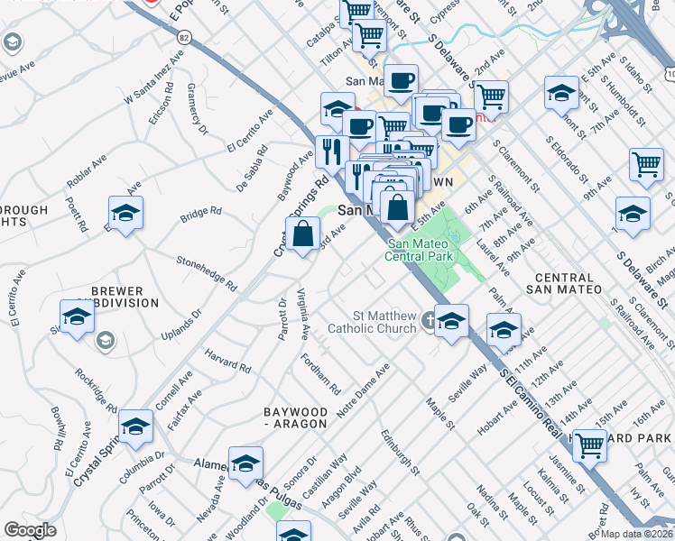 map of restaurants, bars, coffee shops, grocery stores, and more near 85 West 5th Avenue in San Mateo