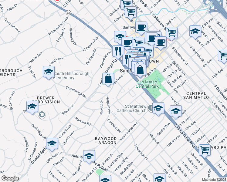map of restaurants, bars, coffee shops, grocery stores, and more near 146 Dartmouth Road in San Mateo