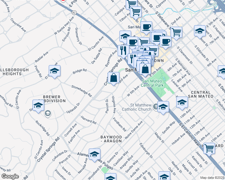 map of restaurants, bars, coffee shops, grocery stores, and more near 221 Parrott Drive in San Mateo