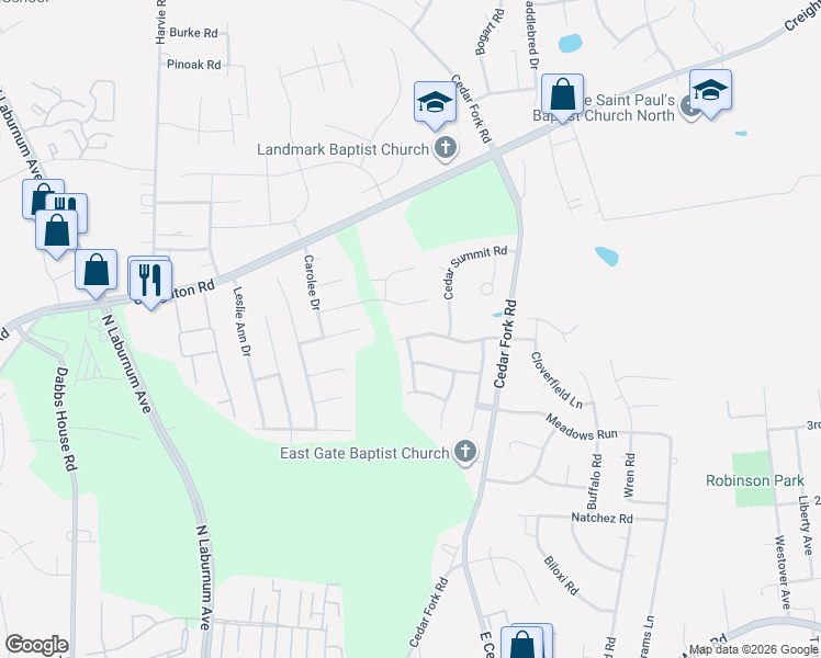 map of restaurants, bars, coffee shops, grocery stores, and more near 4820 Cedar Seed Road in Richmond