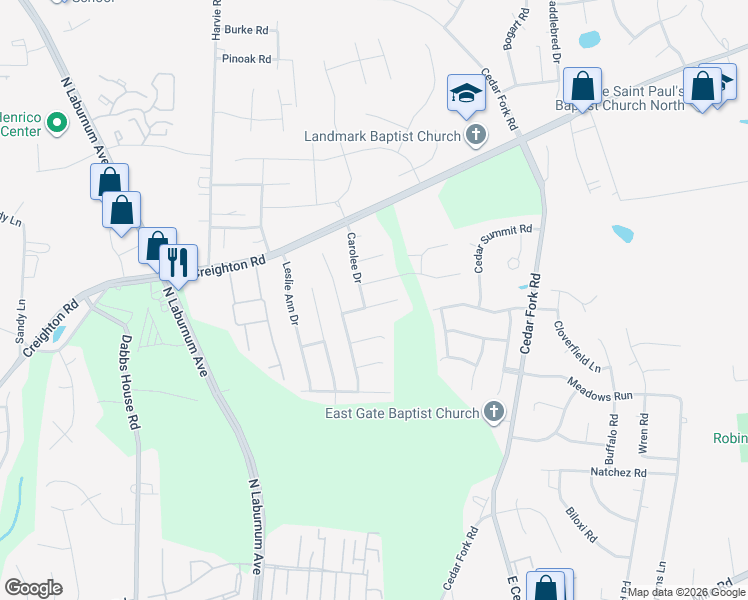 map of restaurants, bars, coffee shops, grocery stores, and more near 3813 Tighe Court in Richmond