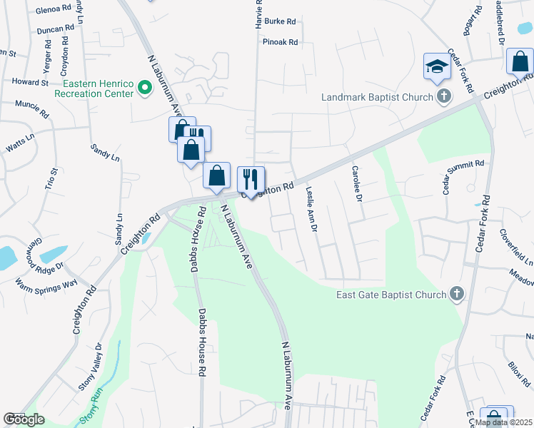map of restaurants, bars, coffee shops, grocery stores, and more near 4102 Dominion Townes Circle in Richmond