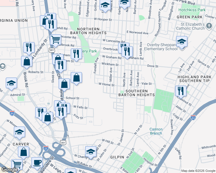 map of restaurants, bars, coffee shops, grocery stores, and more near 204 Yancey Street in Richmond