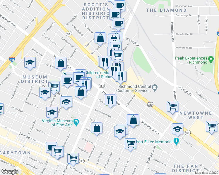 map of restaurants, bars, coffee shops, grocery stores, and more near 2795 Monument Avenue in Richmond